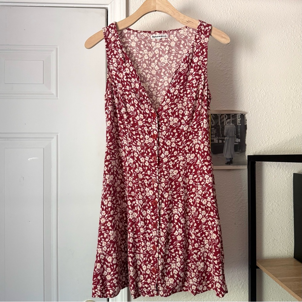 REFORMATION burgundy red floral viscose sleeveless button up mini dress